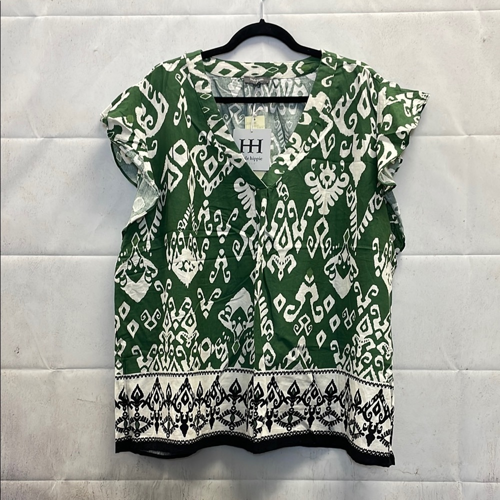 Haute Hippie, Green and White, Ruffle Cap Sleeve, Linen Blend, Boxy Blouse, (3X)
